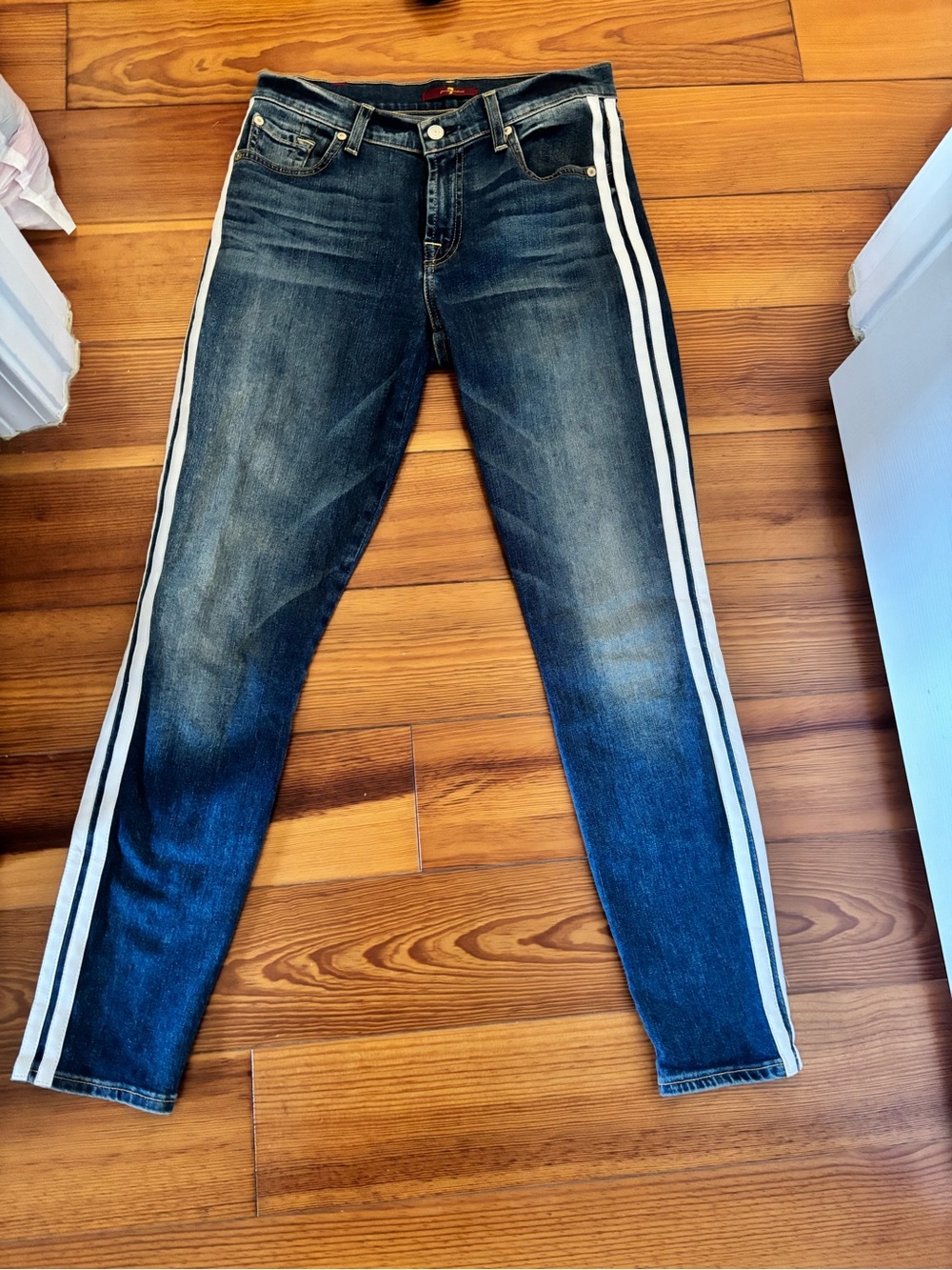 7 For All Mankind Women's Skinny Jeans with White Side Stripes - Dark Blue Denim